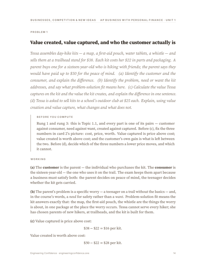A worked page from the Business with Personal Finance guide, at reading size