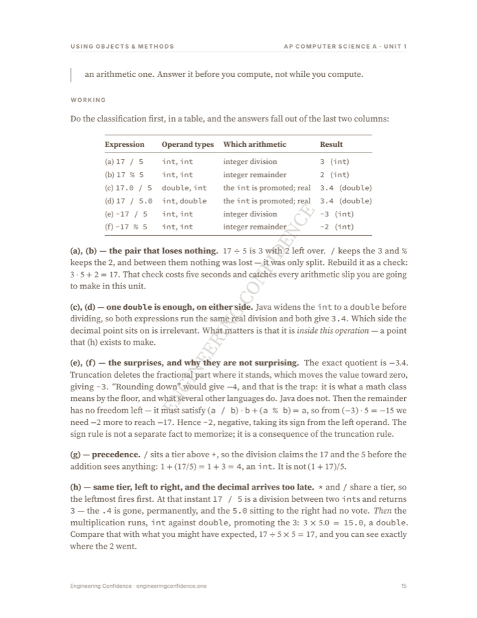 A worked page from the Computer Science A guide