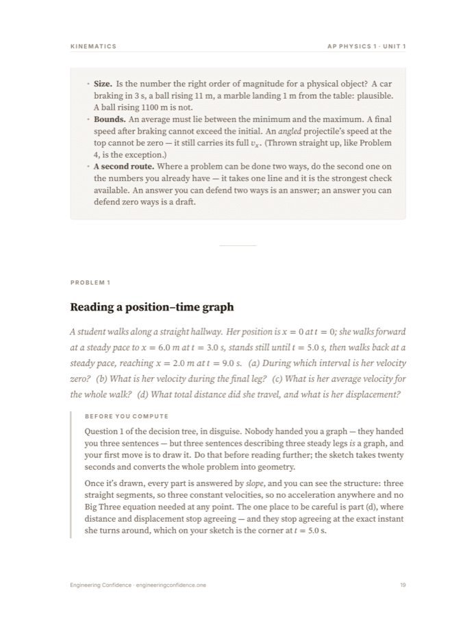 A worked page from the Physics 1 guide, at reading size