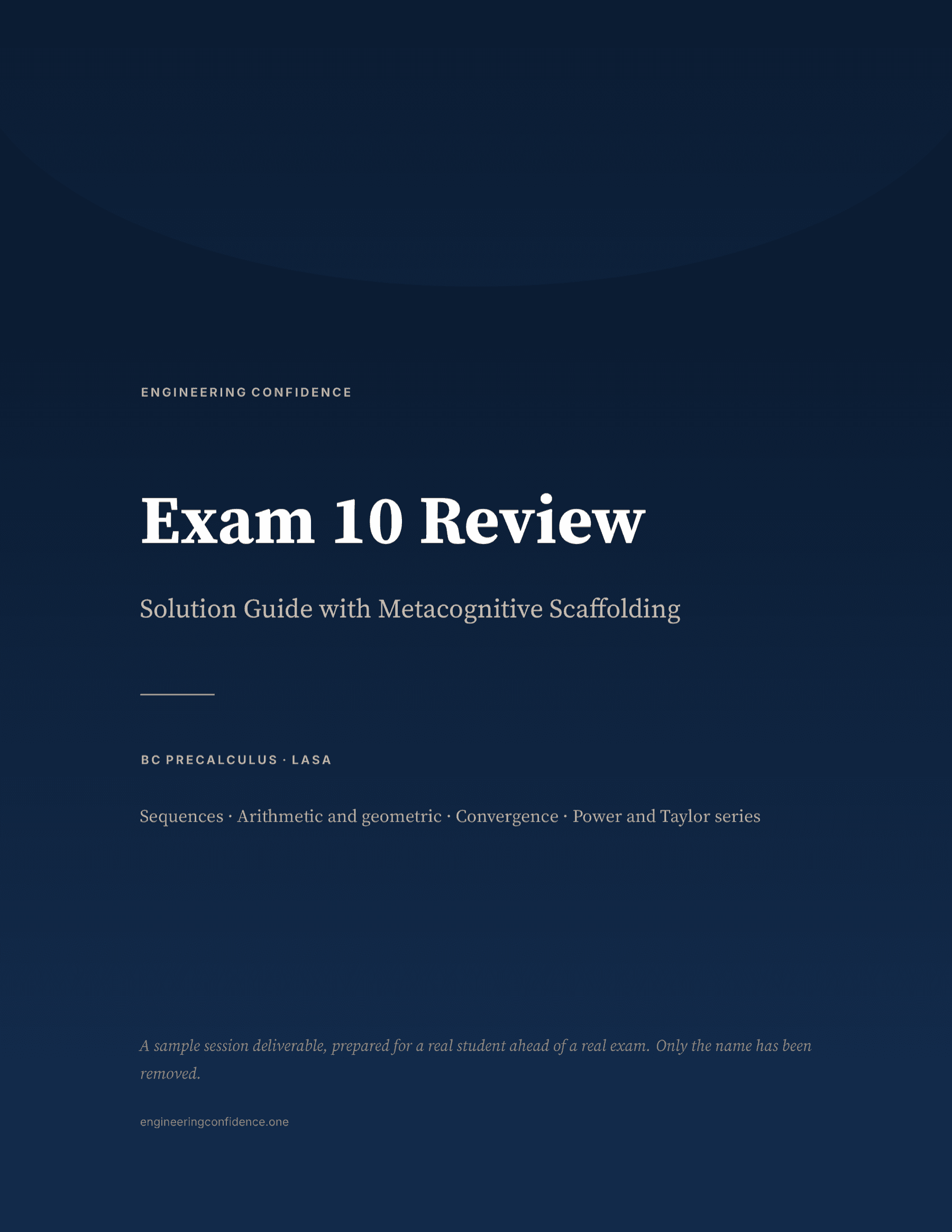 Navy cover of the guide: Exam 10 Review, Solution Guide with Metacognitive Scaffolding, BC Precalculus