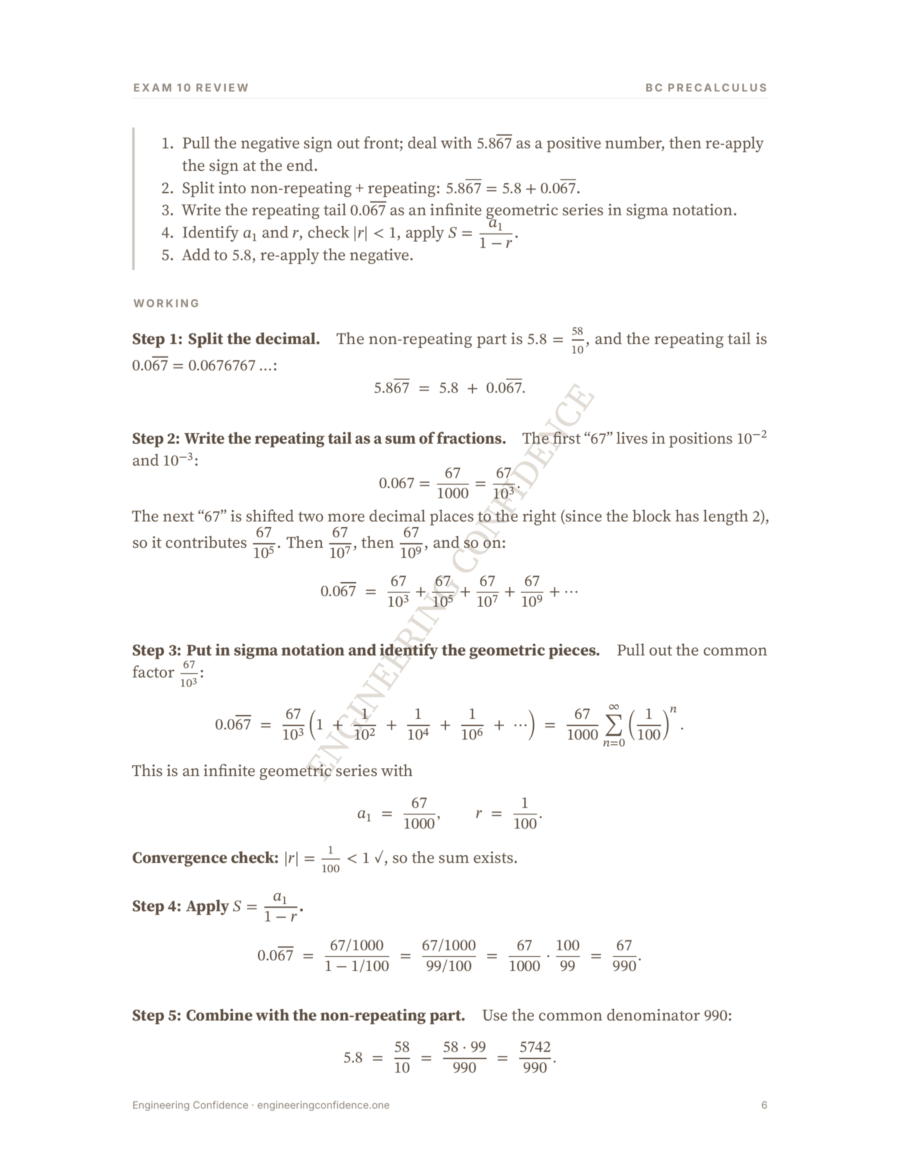 Inner page of the guide: a repeating-decimal problem worked step by step in brand typography