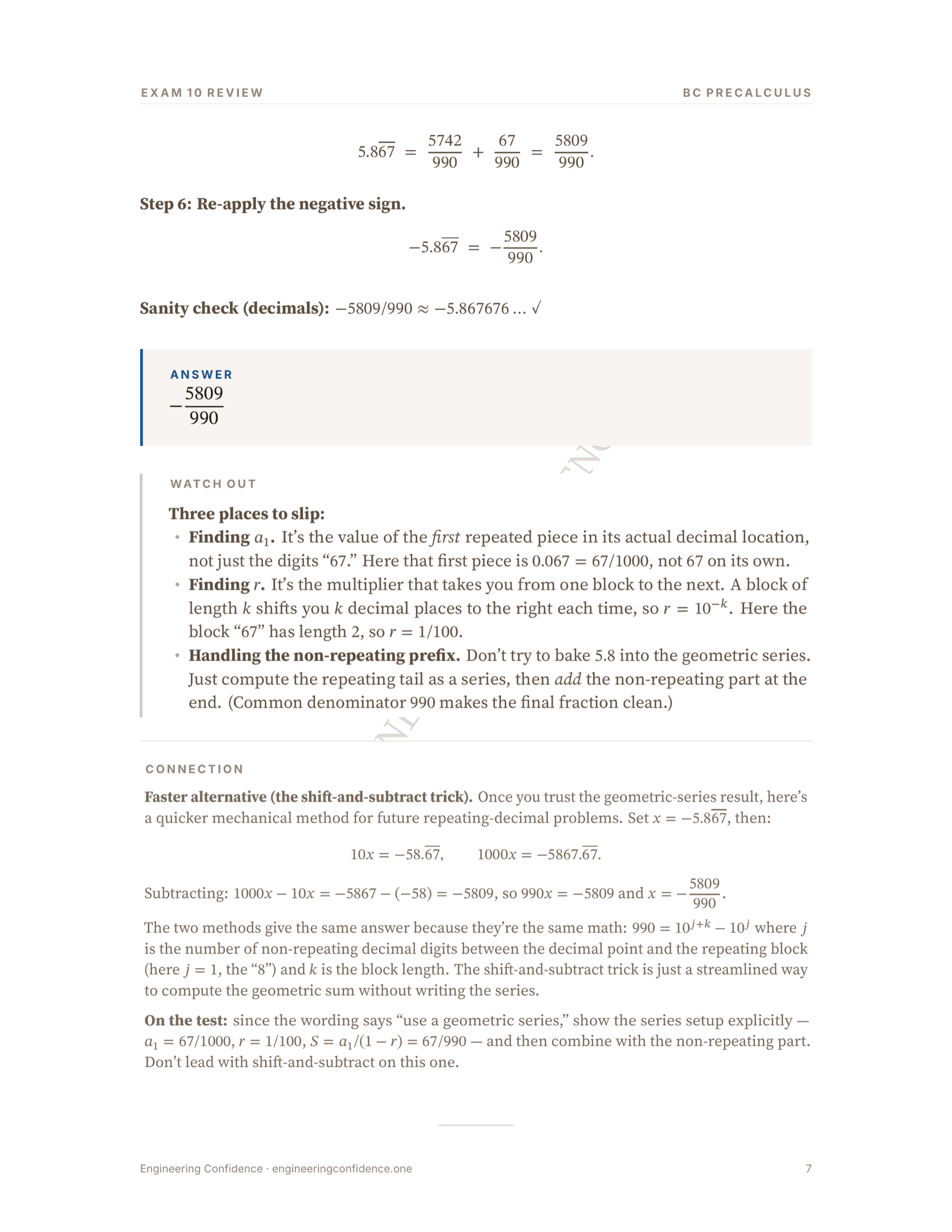 Inner page of the guide: the answer block, a Watch Out list of common slips, and a connection to a faster method